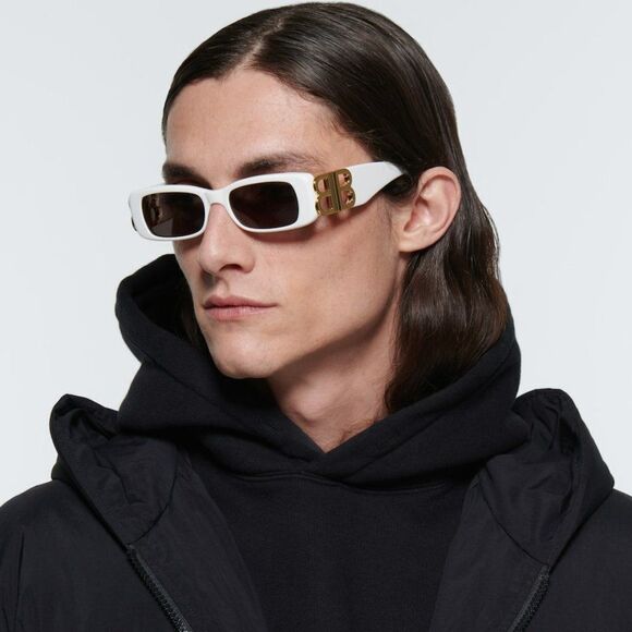 NEW Balenciaga  BB0096S 011 White Gold Logo Grey Rectangle Unisex Sunglasses - Picture 1 of 12